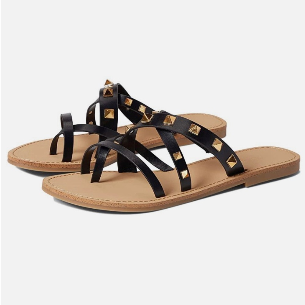 Nine West Cerri Strappy Studded Flat Sandals 7 Black